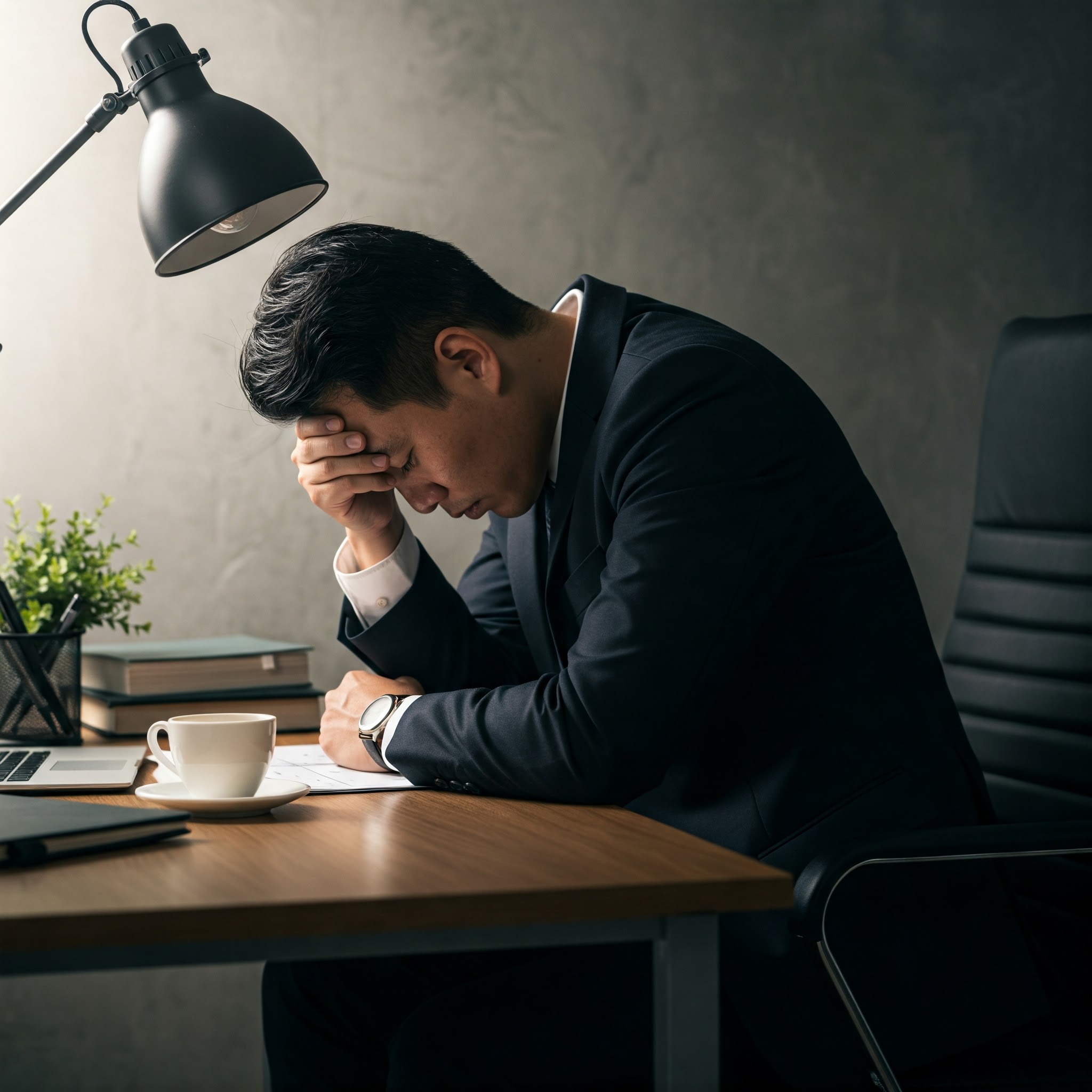 Depressed man sitting at desk feeling the weight of his depression