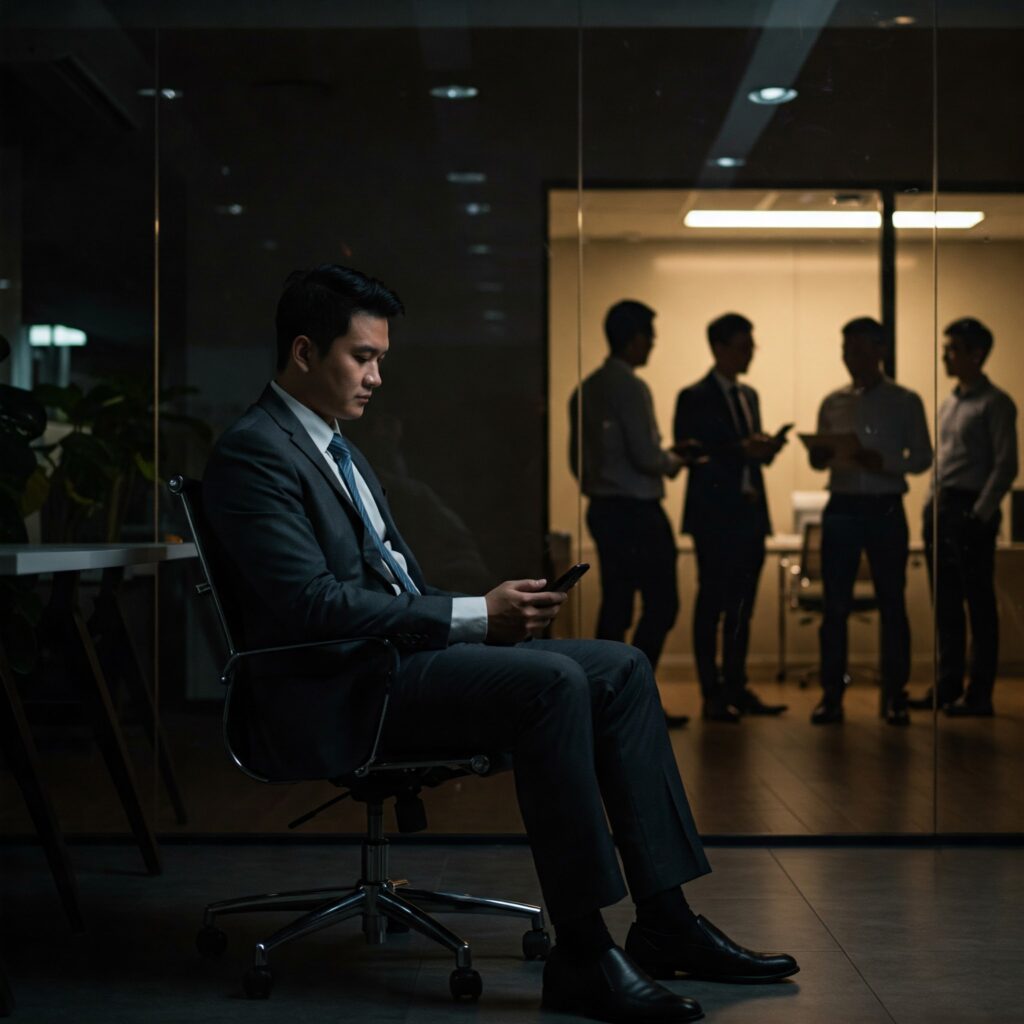 A person in business attire sits alone in a darkened office after hours, a missed call from a friend flashing on the phone. Outside the glass walls, colleagues chat and laugh as they leave for the day, highlighting the professional’s self-imposed isolation.